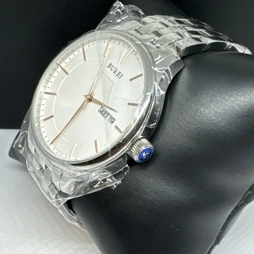 Burei S-13001M Men's Silver Stainless Steel Analog White Dial Quartz Watch JNA48
